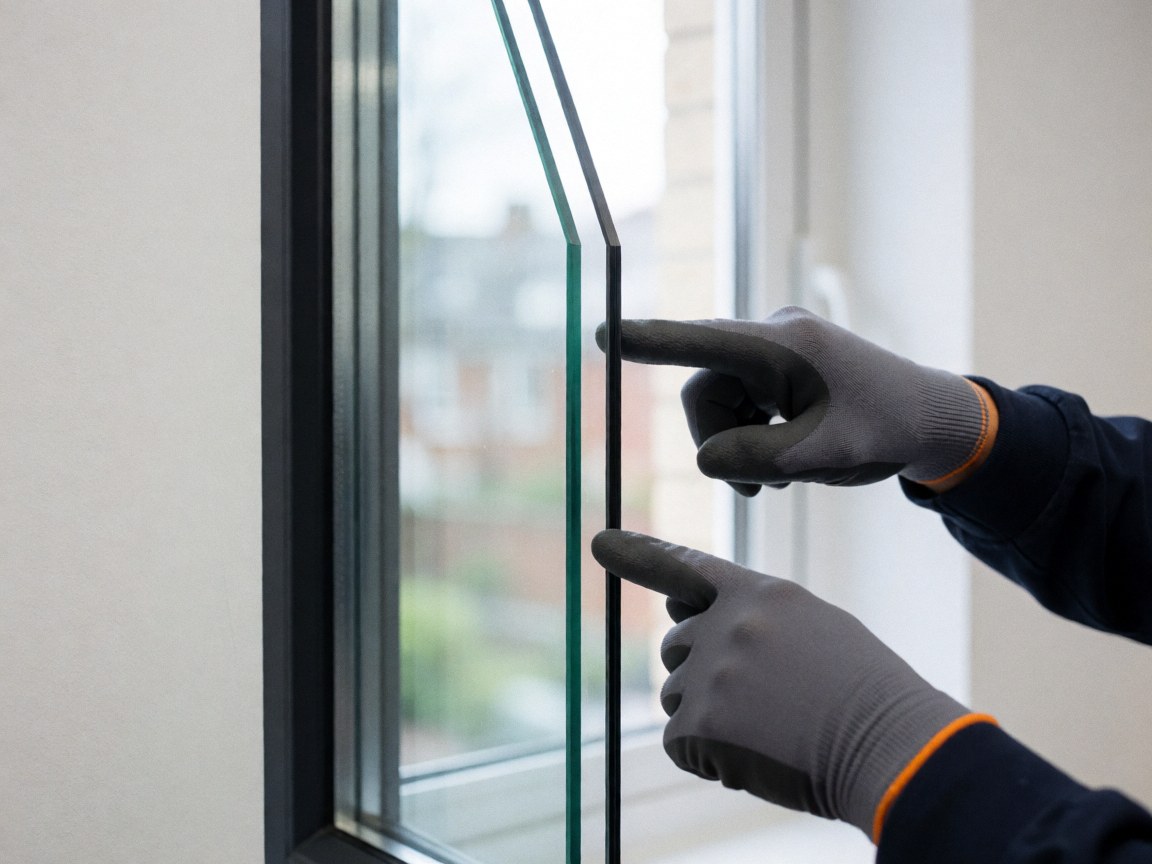 Gros plan montrant une main portant un gant de travail indiquant le joint d'étanchéité et la barre d'espacement sur une vitre double, détail technique de réparation.