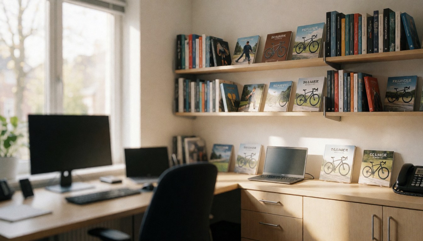 Bureau d'entraîneur de cyclisme avec étagère de livres, ordinateur portable et photos de vélos dans un coin éclairé par la lumière naturelle.