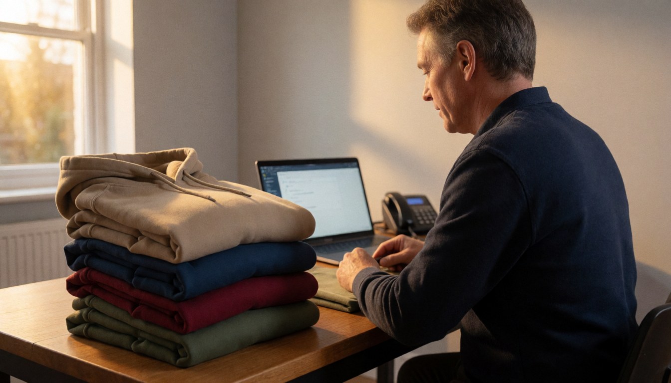 Des sweats à capuche colorés sont empilés sur une table en bois. Un homme travaille sur un ordinateur portable. La lumière chaude de la fenêtre éclaire l'intérieur de la boutique de vêtements.