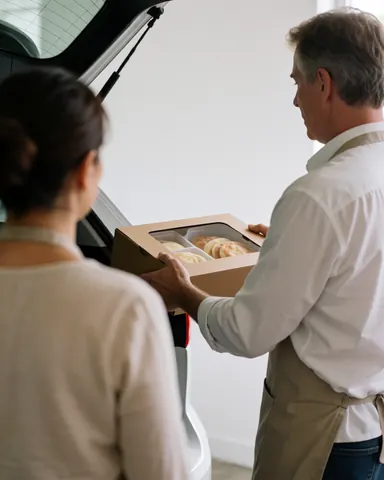 Un vendeur en tablier remet une boîte de pain sucré à un client qui la place dans le coffre de sa voiture, scène typique d'un camion de pain.