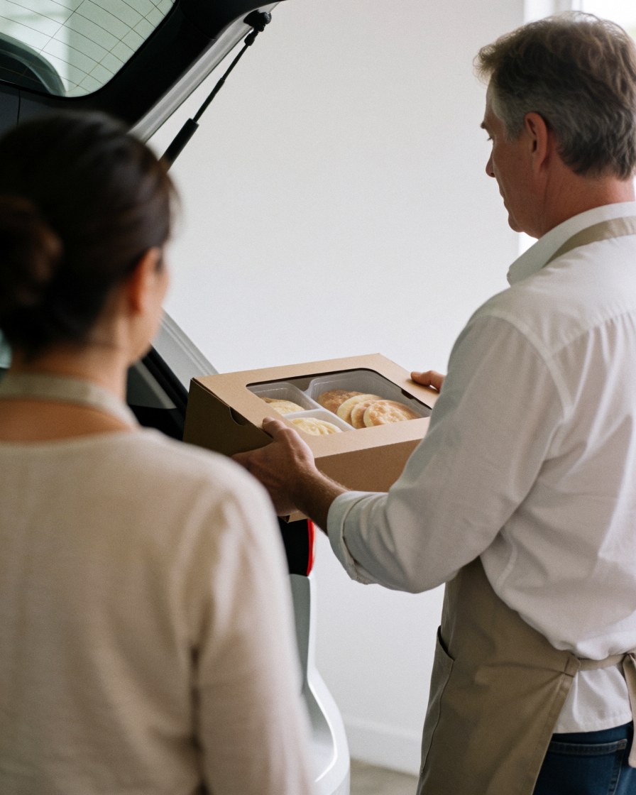 Un vendeur en tablier remet une boîte de pain sucré à un client qui la place dans le coffre de sa voiture, scène typique d'un camion de pain.