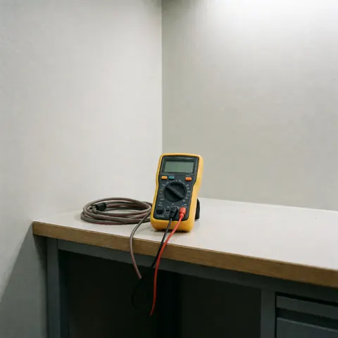 Multimètre numérique avec câble enroulé posé sur une table de travail dans un atelier de réparation de panneaux solaires aux murs gris clair.