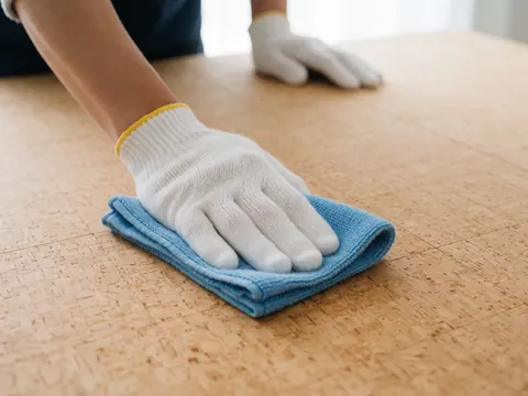 Main portant un gant blanc et tenant un chiffon bleu nettoyant une surface en liège à texture naturelle, détail du travail d'installation de sols en liège.