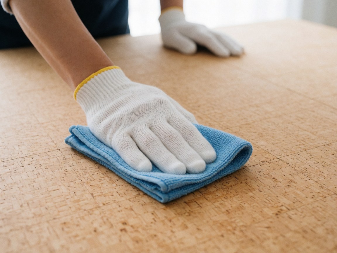Main portant un gant blanc et tenant un chiffon bleu nettoyant une surface en liège à texture naturelle, détail du travail d'installation de sols en liège.