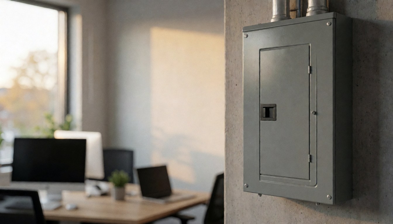 Panneau électrique métallique fermé sur un mur en béton, éclairé par une lumière naturelle chaude provenant d'une fenêtre, servant de fond professionnel pour des services électriques.
