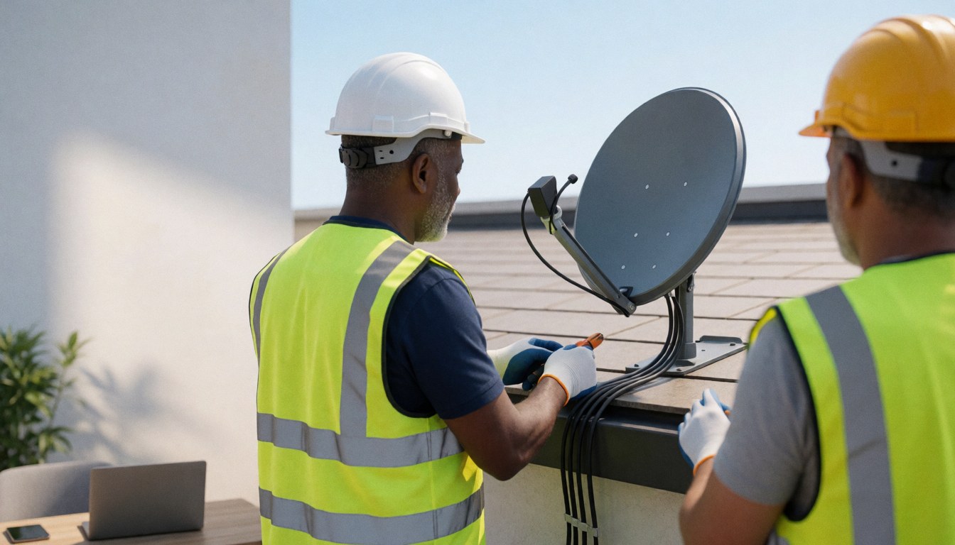 Deux techniciens en tenue de sécurité installent une antenne satellite sur le toit d'un bâtiment moderne en plein soleil.