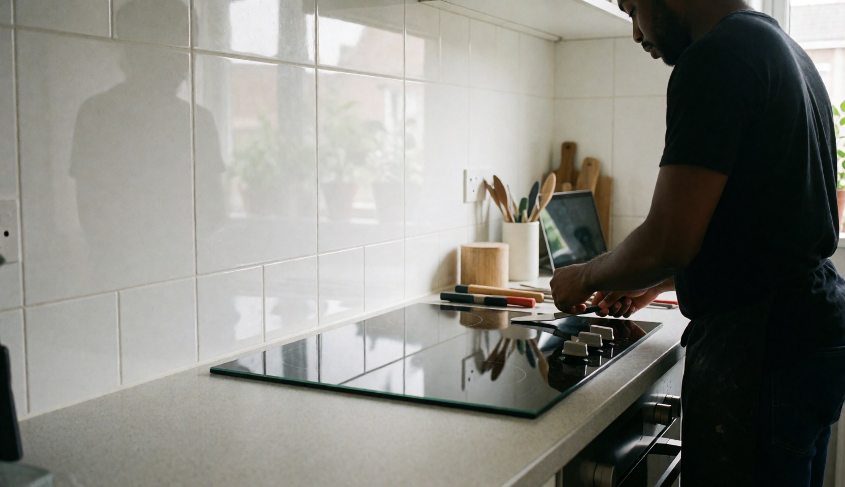 Technicien installe une cuisinière en verre dans une cuisine moderne avec des murs carrelés blancs et des outils visibles.