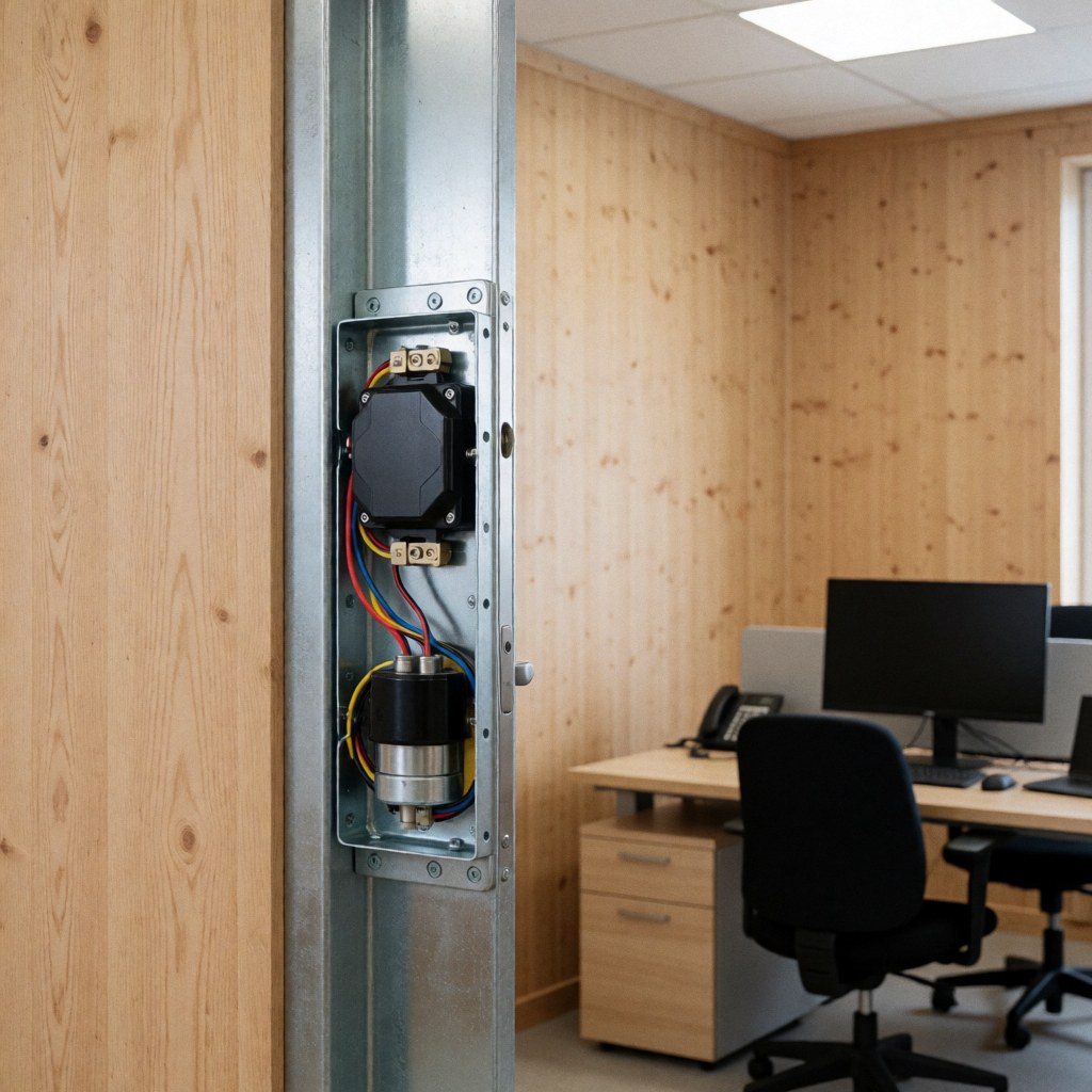 Serrure électrique équipée d'un solénoïde et de câbles, fixée sur un cadre métallique contre un mur en bois, adaptée aux réparateurs de serrurerie.