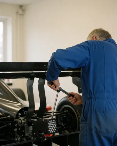 Mécanicien en tenue bleue utilisant une clé dynamométrique pour ajuster l'aile arrière en fibre de carbone d'une voiture de course dans un atelier aux murs clairs.