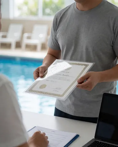 Un entraîneur de natation remet un certificat plastifié à un client dans une piscine extérieure avec des chaises blanches et un ordinateur portable sur une table.