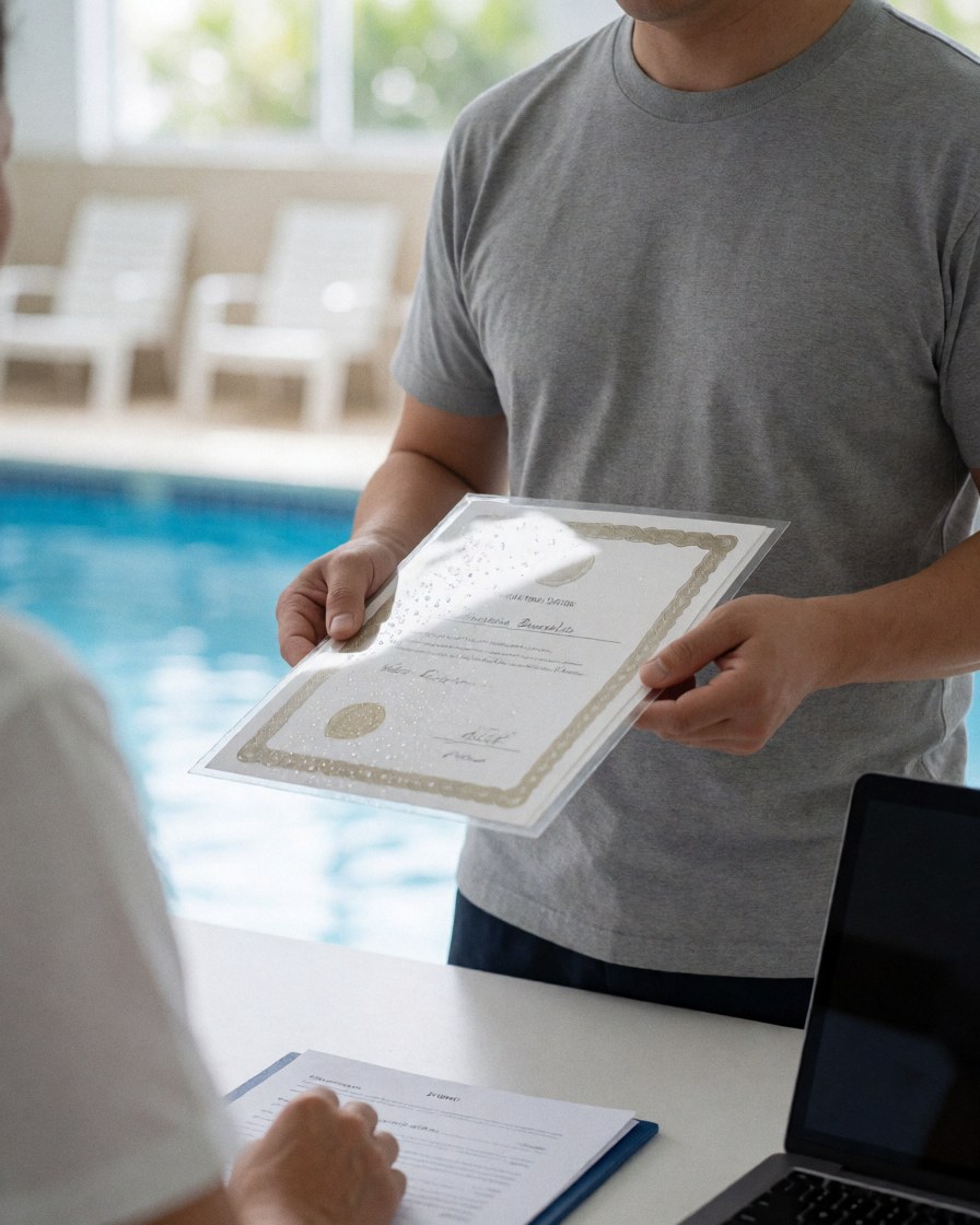 Un entraîneur de natation remet un certificat plastifié à un client dans une piscine extérieure avec des chaises blanches et un ordinateur portable sur une table.