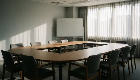 Salle de réunion moderne avec grande table en bois, chaises disposées en demi-cercle, tableau blanc et lumière naturelle par les fenêtres avec rideaux.