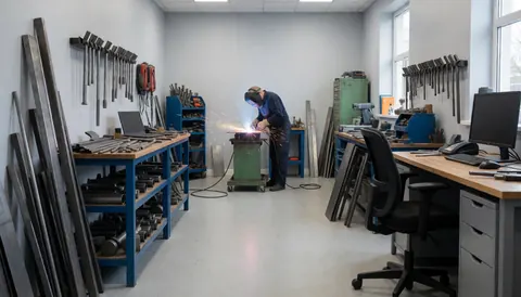 Un soudeur équipé d'un casque travaille dans un atelier métallurgique, produisant des étincelles, avec des outils suspendus et des structures métalliques en arrière-plan.