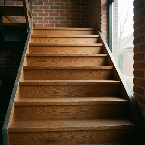 Escaliers en bois de chêne avec structure métallique dans un couloir aux murs de briques, éclairé par la lumière naturelle.