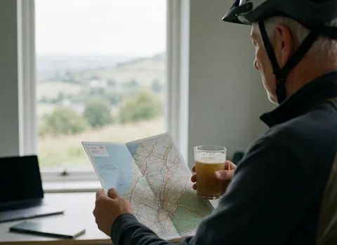 Un homme âgé portant un casque de vélo, tenant une carte et une bière locale, regardant une vallée depuis une fenêtre. Idéal pour un guide de montagne.