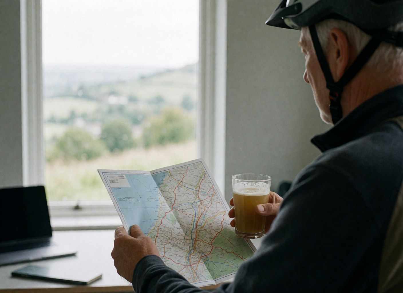 Un homme âgé portant un casque de vélo, tenant une carte et une bière locale, regardant une vallée depuis une fenêtre. Idéal pour un guide de montagne.