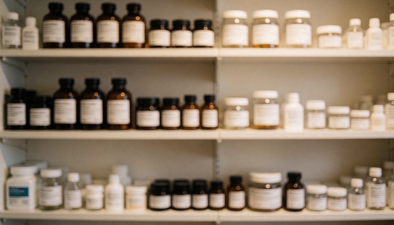 Arrière-plan flou de tablettes contenant des flacons en verre ambrés et blancs, idéal pour des textes sur les services d'homéopathie.