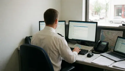 Opérateur de taxi travaillant sur un ordinateur avec des cartes et des documents sur son bureau, scène professionnelle de centre d'appels.