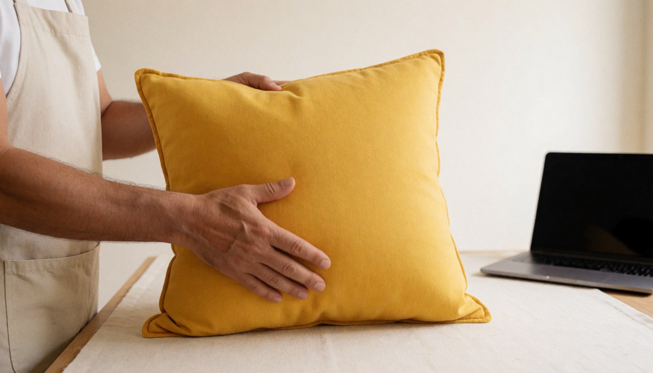 Un artisan en tablier ajuste un coussin jaune dans son atelier bien éclairé, mettant en valeur le détail de son travail manuel.