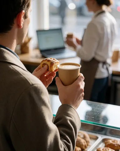Une cliente profite d'un café et d'un gâteau dans une pâtisserie, le vendeur est visible en arrière-plan près d'une fenêtre donnant sur la rue.