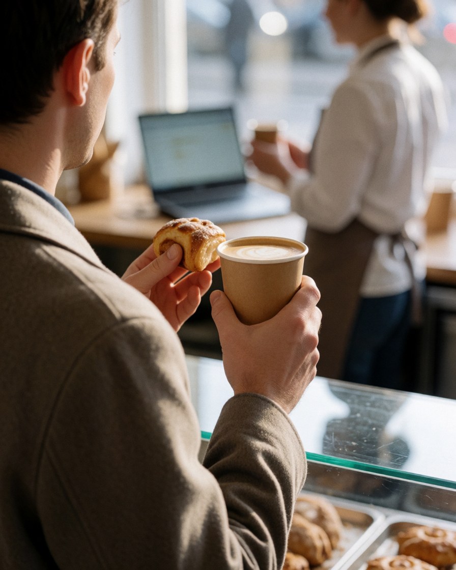 Une cliente profite d'un café et d'un gâteau dans une pâtisserie, le vendeur est visible en arrière-plan près d'une fenêtre donnant sur la rue.