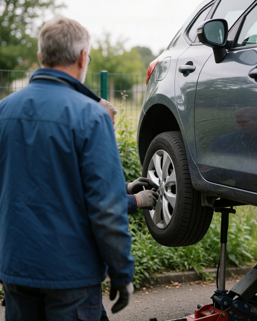 Mécanicien ganté change un pneu sur voiture surélevée par un cric, client observe en arrière-plan, scène de garage extérieur avec végétation.