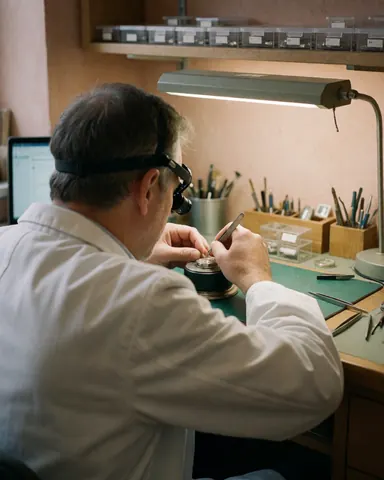 Technicien en train de réparer une montre à l'aide d'une loupe et de pinces dans un atelier professionnel et ordonné.