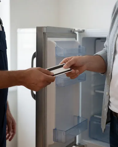 Une cliente souriante reçoit une carte de garantie des mains d'un technicien après la réparation de son réfrigérateur à porte ouverte.