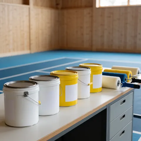 Rouleaux de peinture et contenants sur une table devant un court de tennis bleu avec murs en bois clair, pour installateur de terrains de sport.