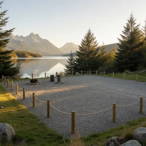 Barbecue entouré de corde et de poteaux en bois sur un site de camping en gravier, face à un lac reflétant des montagnes et des arbres.