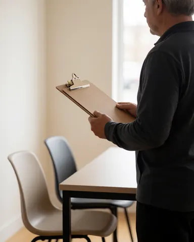 Entraîneur de basketball tenant un tableau dans une salle d'entraînement équipée de chaises et d'une fenêtre, dans un environnement professionnel et ordonné.