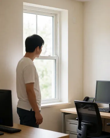 Un client regarde une fenêtre fraîchement installée dans un bureau aux murs blancs et à la lumière naturelle, illustrant la qualité du service.