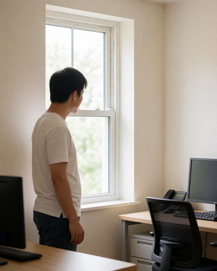Un client regarde une fenêtre fraîchement installée dans un bureau aux murs blancs et à la lumière naturelle, illustrant la qualité du service.