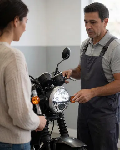 Mécanicien en tablier explique à un client le phare de moto réparé dans un atelier lumineux aux murs gris.