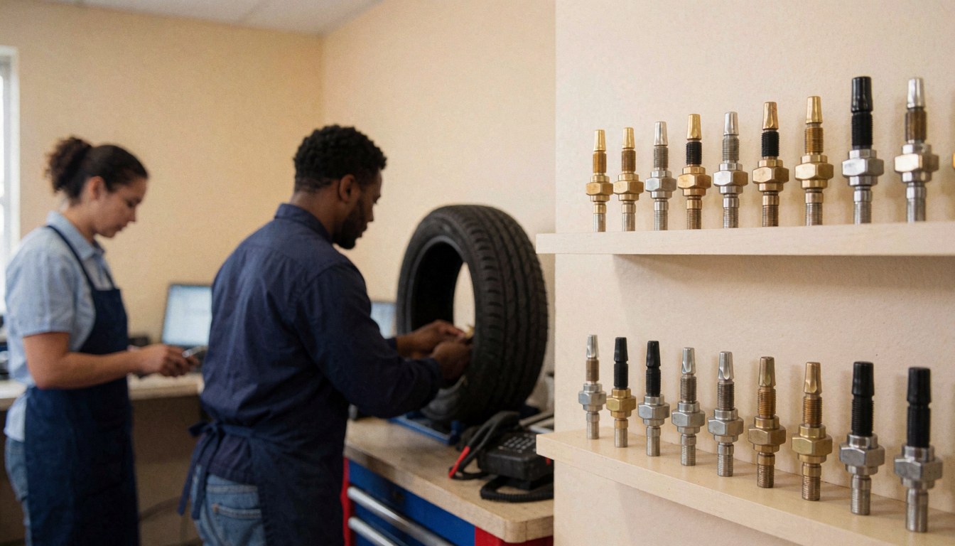 Atelier de réparation de pneus avec un technicien travaillant sur un pneu et des vannes d'air sur une étagère, environnement professionnel et ordonné.