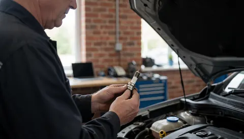 Un mécanicien professionnel examine une bougie d'allumage dans le moteur d'une voiture au sein d'un atelier avec un mur en briques.