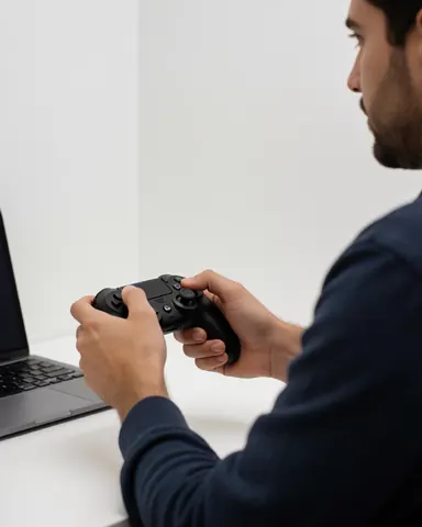 Une cliente tient une manette de jeu dans un centre de divertissement moderne, avec une laptop sur une table et un mur blanc en arrière-plan.