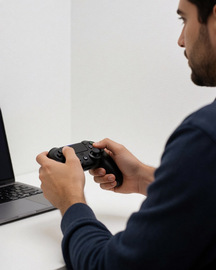 Une cliente tient une manette de jeu dans un centre de divertissement moderne, avec une laptop sur une table et un mur blanc en arrière-plan.