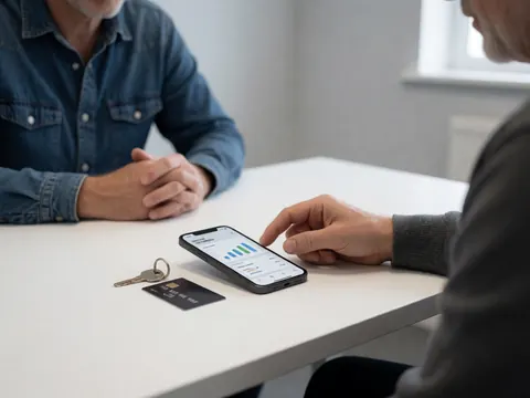 Main interagissant avec un écran de smartphone montrant des données financières, posé sur une table blanche avec une carte et une clé.