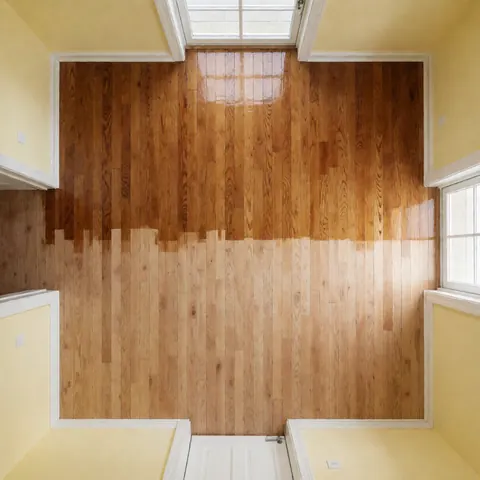 Sol en bois avec finition brillante et finition mate, murs peints en jaune pâle, idéal pour montrer des services d'installation de sols.
