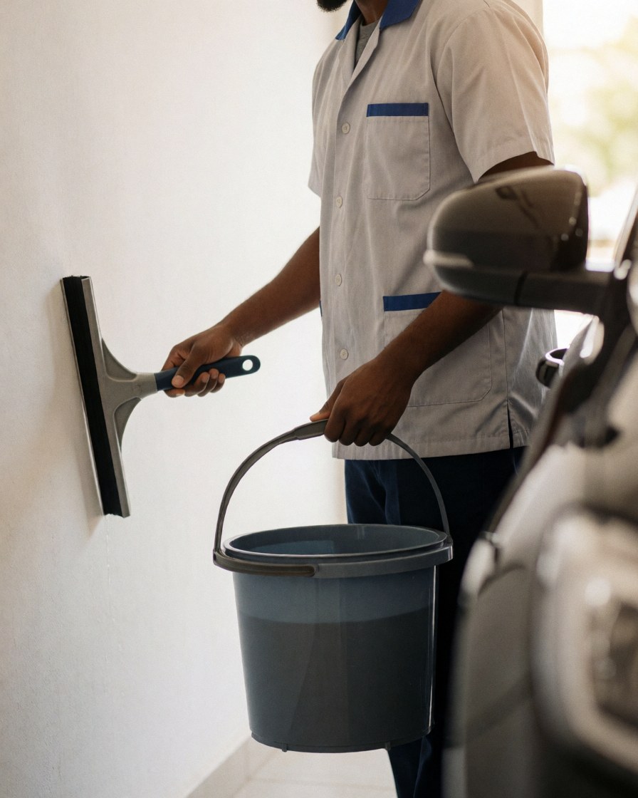 Technicien de lavage automobile tenant une raclette et un seau, prêt à nettoyer un véhicule dans un atelier aux murs blancs.