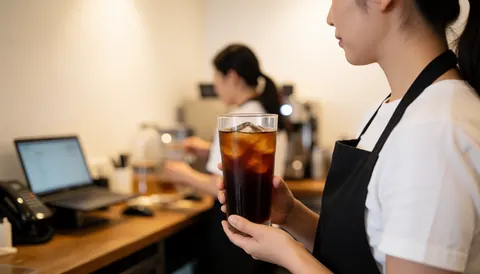Un barista prépare un café glacé en versant le liquide dans un grand verre transparent rempli de glaçons devant un mur blanc.