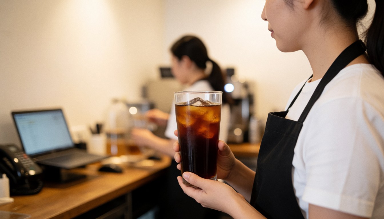Un barista prépare un café glacé en versant le liquide dans un grand verre transparent rempli de glaçons devant un mur blanc.