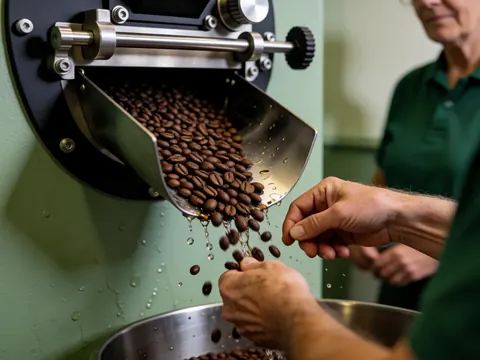 Gros plan de mains tenant des grains de café sortant d'une machine, avec un fond vert et des gouttes d'eau visibles.
