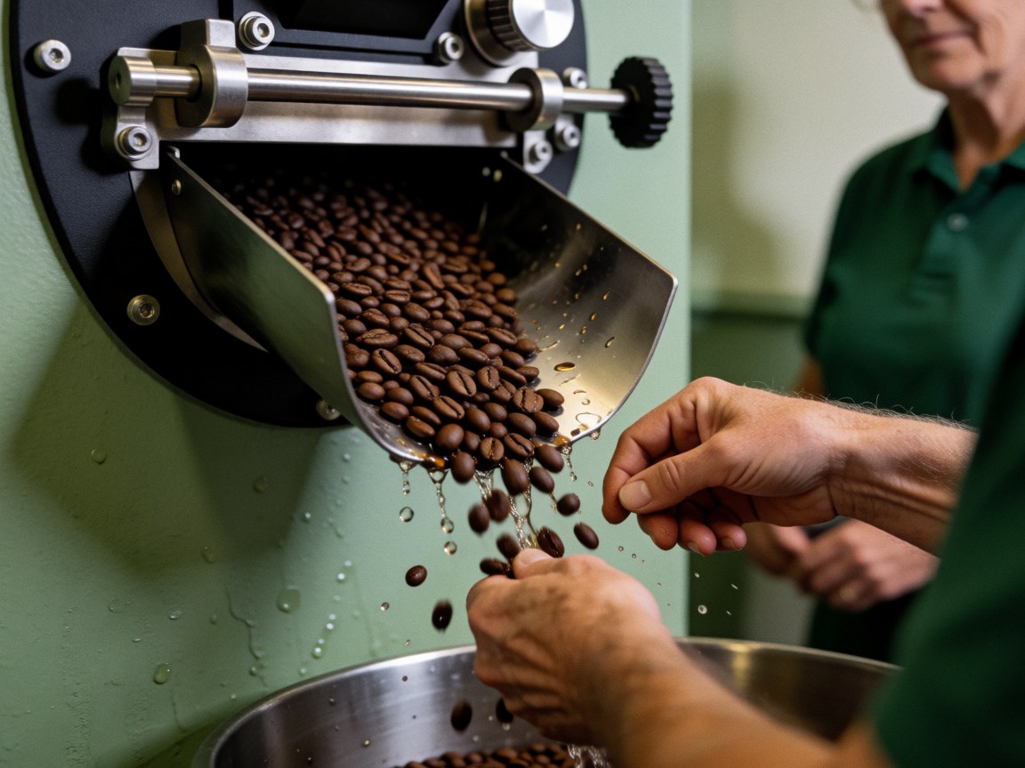 Gros plan de mains tenant des grains de café sortant d'une machine, avec un fond vert et des gouttes d'eau visibles.