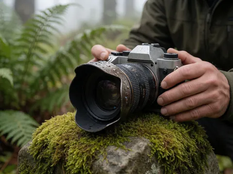Un appareil photographique avec son objectif est posé sur une pierre recouverte de mousse dans un environnement forestier brumeux et verdoyant, évoquant un cadre naturel pour la photographie professionnelle.