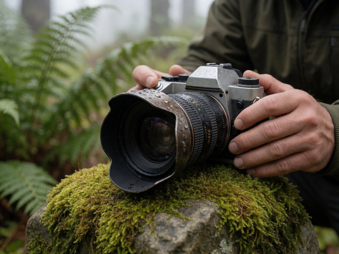 Un appareil photographique avec son objectif est posé sur une pierre recouverte de mousse dans un environnement forestier brumeux et verdoyant, évoquant un cadre naturel pour la photographie professionnelle.