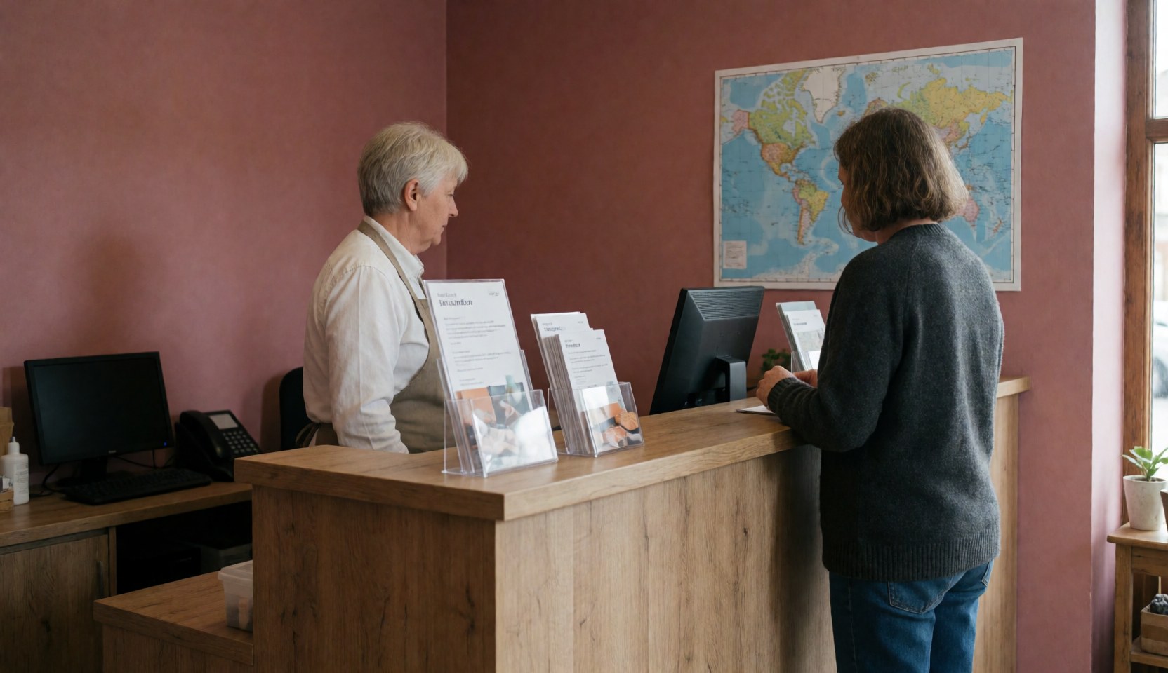 Réception de café avec carte du monde et brochures, attentive à un client, mur rose, lumière naturelle.