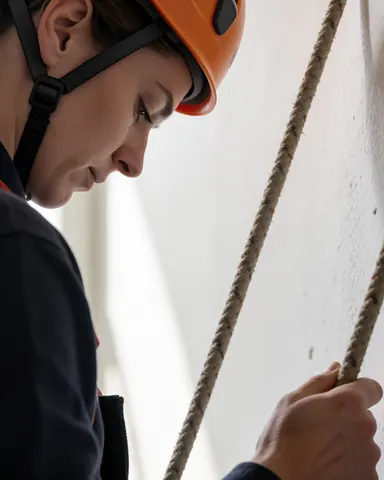 Entraîneur d'escalade équipé d'un casque et d'une corde, en train de descendre une paroi verticale. Scène d'action réelle avec un équipement de sécurité approprié pour la pratique du sport.