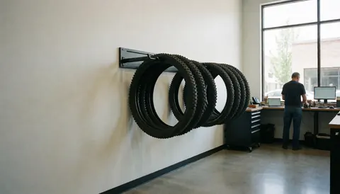 Bandes de pneus de vélo de montagne accrochées sur un mur blanc, un homme travaillant à un bureau avec un ordinateur, sol en béton poli, intérieur d'un atelier de réparation de vélos.